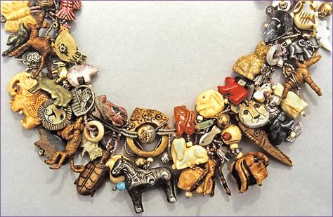 Critters, large picture,detail of woven treasure necklace by Robin Atkins, bead artist Bead Shopping, Treasure Necklace, Old Jewelry Crafts, Vintage Assemblage Jewelry, Found Object Jewelry, Vintage Jewelry Ideas, Cracker Jack, Talisman Jewelry, Junk Jewelry