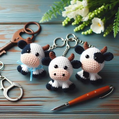 Free Crochet Cow Keychain Amigurumi Pattern Cow Keychain Crochet, Mini Cow Crochet Pattern Free, Crochet Mini Cow, Crochet Cow Keychain, Cow Crochet Pattern Free, Amigurumi Keychain Free Pattern, Crochet Animal Keychain, Cute Animal Crochet, Crochet Amigurumi Keychain