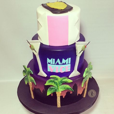 Miami vice birthday cake Miami Vice Party, Miami Beach Party, Miami Vice Theme, Havana Nights Party, Miami Party, Inside Cake, Custom Birthday Cakes, Wedding Buffet, Miami Vice