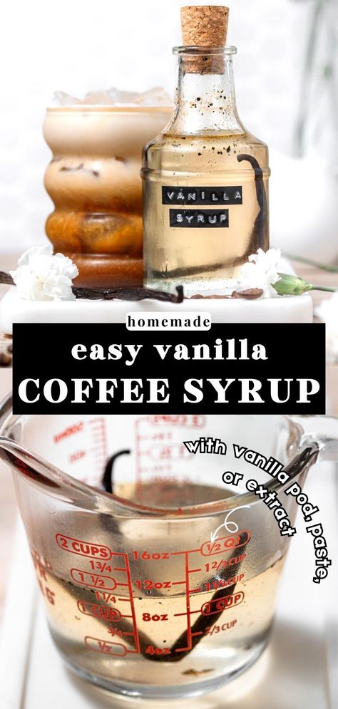 This easy homemade vanilla syrup is ready in just 10 minutes, tastes just like Starbucks, and can be used to add flavor to coffee, lattes, tea, cocktails, cakes & more. Variations for vanilla bean pods, paste, and extract are included…plus step by step photos! This simple syrup recipe is vegan, dairy free and gluten free. Homemade Vanilla Syrup For Coffee, Homemade Vanilla Syrup, Vanilla Syrup For Coffee, Syrup For Coffee, Best Vegan Breakfast, Vegan Cocktails, Coffee Lattes, Simple Syrup Recipe, Vegan Brunch Recipes