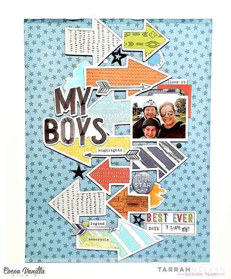 The tall column of arrows down the center work perfectly to balance this 8 1/2″ x 11″ Boys layout from Tarrah McLean. She’s backed each arrow in different pattern papers with colors and designs that go well with the boyish … Read More... Masculine Scrapbook, Scrapbook Calendar, Boy Scrapbook Layouts, Scrapbook Design Layout, Beautiful Scrapbook Layouts, Scrapbook Boys, Scrapbook Layout Sketches, Kids Scrapbook, Scrapbook Templates