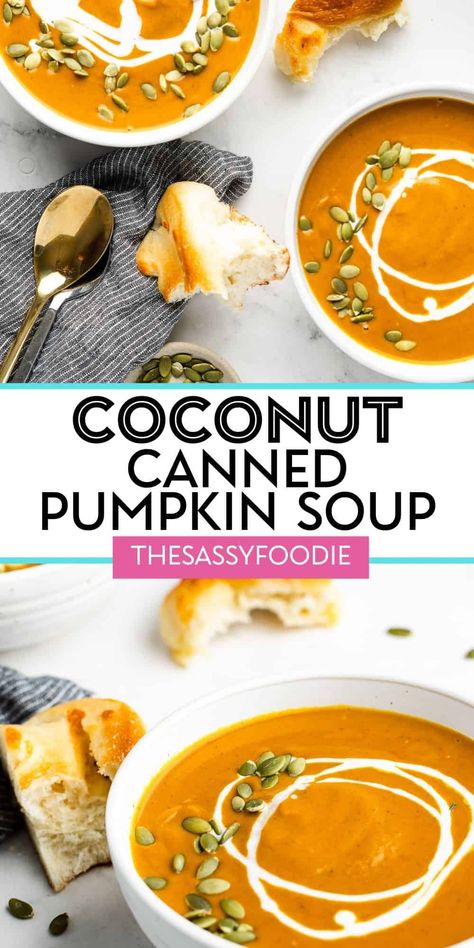 Pumpkin soup, or autumn squash soup, is a classic, comforting fall dish. For the days that you are running low on time, or just feeling a bit lazy, this coconut curry canned pumpkin soup is the perfect solution. This soup requires no blender, and no fresh produce, either! Ready in under 10 minutes, you have a comforting hug in a bowl. Serve with shortcut pizza dough focaccia, or any of these delicious side dishes that go perfectly with fall soups! Canned Pumpkin Soup, Autumn Squash Soup, Autumn Squash, Homemade Tomato Soup Recipe, Comforting Hug, Quick Soup Recipes, Delicious Side Dishes, Pumpkin Squash, Curry Soup