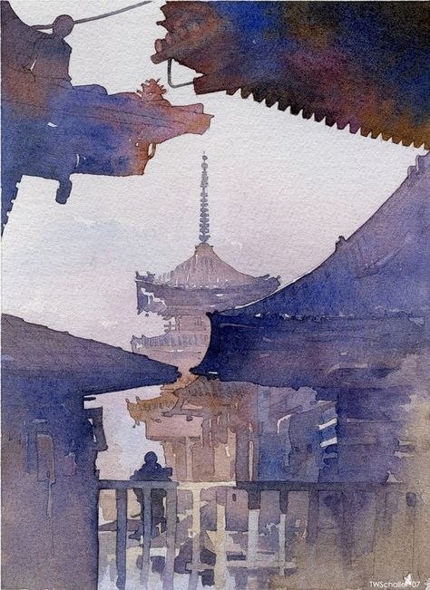 Thomas W Schaller, Architecture Watercolor, Japan Watercolor, Thomas Schaller, Watercolor City, Japanese Watercolor, Creative Architecture, Watercolor Architecture, Architecture Painting