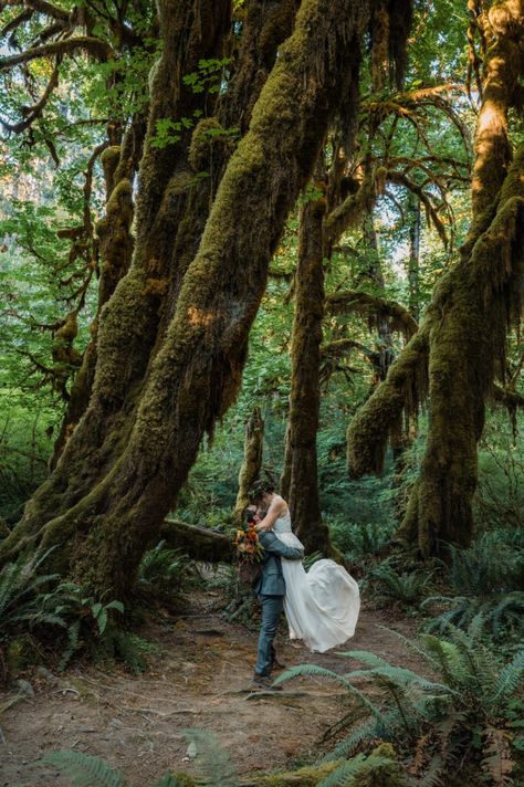 Groom romantically lifts up his bride to pose for photos after saying their vows at the Hall of Mosses. Hoh Rainforest Washington Wedding, Hoh Rainforest Elopement, Hoh Rainforest Wedding, Olympic National Park Wedding, Olympic National Park Elopement, Rainforest Elopement, Olympia National Park, Rainforest Wedding, Hoh Rainforest