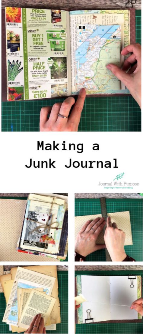 Junk Journal Photo Book, Junk Journal Pages Ideas Layout Simple, How To Make A Junk Journal, How To Start A Junk Journal, Making A Junk Journal, Making A Journal From An Old Book, Making Junk Journals From Old Books, Journaling Tutorial, Making A Junk Journal From An Old Book