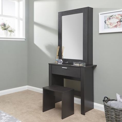 Gumm Sliding Door Dressing Table Set with Mirror Wrought Studio Colour: Espresso Dressing Tables With Mirror, Dressing Table Black, Restoration Hardware Dining, Sliding Mirror Door, Small Dressing Table, Sliding Mirror, Dressing Table Design, Small Accent Chairs, Dressing Table Set