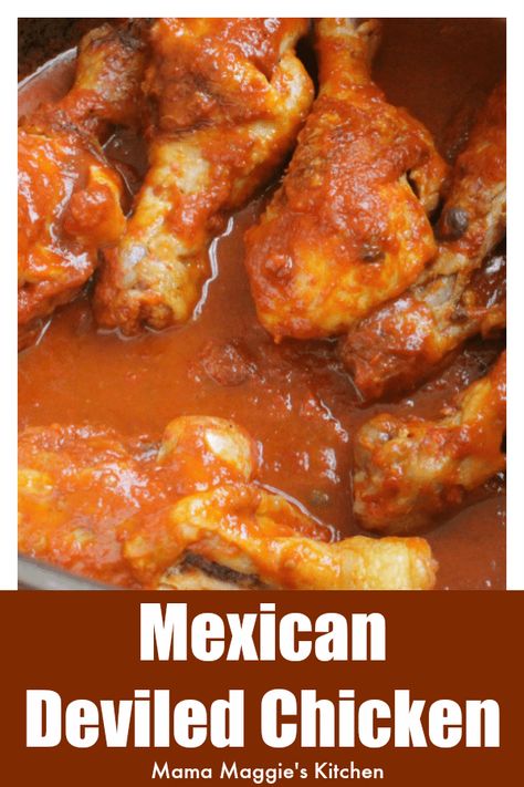 Mexican Deviled Chicken, or Pollo a la Diabla, with VIDEO. A great weeknight meal that the entire family will love. It comes together quickly and is full of yummy, robust flavors. Enjoy! by Mama Maggie's Kitchen Mexican Dishes With Chicken, Deviled Chicken, Enchiladas Mexicanas, Mexican Food Dishes, Chicken Leg Recipes, Pollo Guisado, Mexican Chicken Recipes, Recipes Authentic, Chicken Drumstick Recipes