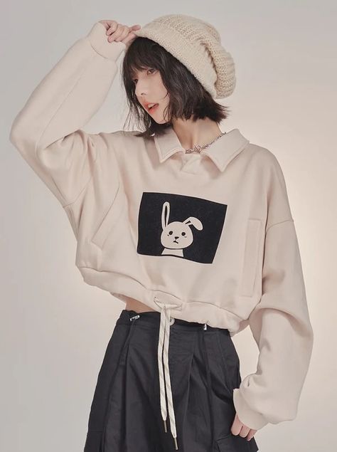 Rabbit Polo Collar Short Sweatshirt – Belchic Short Sweatshirt, Fancy Short Dresses, Polo Outfit, Cosplay Cute, Style Kawaii, Female Pose Reference, Casual Outfit Inspiration, Sweatshirt Outfit, Female Poses