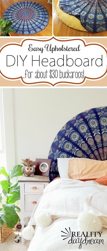 SUPER SIMPLE upholstered headboard using a round tapestry! {Reality Daydream} #boho #bedroom #rounded Tapestry Headboard, Boho Bedroom Diy, Boho Headboard, Round Tapestry, Diy Tapestry, Diy Hanging Shelves, Diy Wall Shelves, Diy Headboards, Diy Headboard