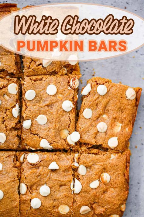 Indulge in the warm, comforting flavors of fall with these quick and easy homemade Pumpkin White Chocolate Chip Bars. These chewy dessert bars combine the seasonal taste of pumpkin with the sweet touch of white chocolate chips, creating the best fall dessert that's simply irresistible. Ideal for those cozy autumn evenings, these bars are your new favorite comfort food. Enjoy the perfect blend of pumpkin and white chocolate in every bite! White Chocolate Chip Bars, Bars With White Chocolate Chips, Pumpkin White Chocolate, Pumpkin Pecan Cobbler, Classic Pumpkin Pie, Cookie Recipes From Scratch, Best Chocolate Desserts, Chocolate Chip Bars, White Chocolate Chip