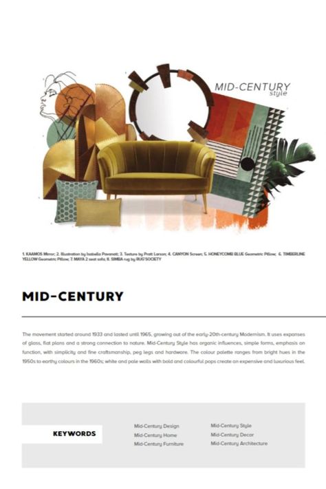 Discover the Mid-Century moodboard and more by downloading Rug'Society's newest catalogue. Contemporary Rugs Design, 2 Seat Sofa, Style Moodboard, Hotel Concept, Interior Design Boards, Concept Board, Interior Design Mood Board, Contemporary Interiors, Geometric Pillow