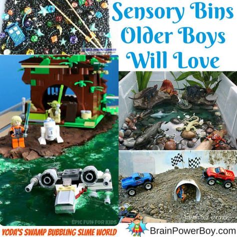 Sensory bins are not just for young boys, they are for older boys as well. Try a geek sensory bin, LEGO slime swamp, dinosaur water bin and a monster truck bin that they will love. Bins for younger boys included as well as what kids learn when they play with sensory bins. Swamp Dinosaur, Elementary Homeschool, Sensory Tubs, Lego Activities, Handmade Gifts Diy, Activities For Boys, Boy Diy, Sensory Boxes, Sensory Integration