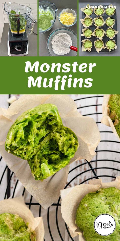 These Cheesy Monster Muffins are a healthy snack that the kids will love! The baby spinach gives them a green colouring, making them look like muffins little monsters might like to eat. They are quick to make, taste great and have the added bonus of being packed full of spinach. Perfect for grabbing on the go or popping into lunchboxes. #vjcooks #healthysnacks #kidsnacks #healthysnacksforkids #muffins #halloweenfood Monster Muffins, Green Muffins, Vj Cooks, Spinach Muffins, Baileys Recipes, Cheese Muffins, Frozen Spinach, Spinach And Cheese, Healthy Muffins