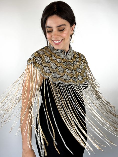 Gold silver beaded cape. Hands of harlow beaded cape. Fringe Cape Outfit, Cape Outfit, Fringe Cape, Beaded Cape, Fancy Blouse, Bead Embroidery Patterns, Fancy Blouses, Fancy Blouse Designs, Fort Worth Texas