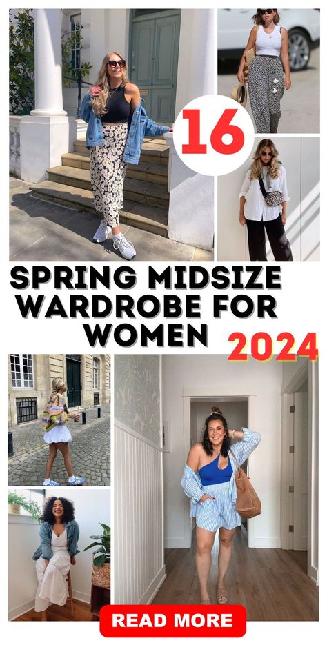 Welcome spring with the ultimate fashion statement: our Spring Midsize Wardrobe 2024. This collection is all about celebrating the midsize figure with stylish, comfortable, and versatile pieces. From cozy knitwear to light outerwear, each item is tailored to fit and flatter. Build your dream spring capsule wardrobe and step out in style. Summer Style 2024 Mid Size, Midsize Summer Capsule Wardrobe, Summer Mom Outfits 2024 Midsize, Midsize Style 2024, 2024 Outfits Plus Size, Summer Clothes For Plus Size Women, Curvy Spring Fashion, Mid Weight Fashion, Spring 2024 Outfits Midsize