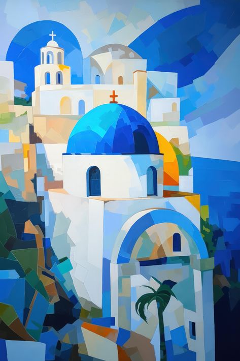 This Abstract Santorini Painting features a contemporary art design that pays homage to the captivating beauty of one of Greece's most renowned islands. With its minimalist art style and vibrant blue and white color palette, this art piece captures the charm of the island's iconic buildings and the serene beauty of the Aegean Sea. This art print serves as a versatile addition to any living room or bedroom, infusing the space with a sense of wanderlust and the enchantment of the Greek islands. Abstract Greek Art, Greece Artwork, Santorini Painting, Contemporary Art Design, Greek Icons, Santorini Blue, Greece Art, Greek Blue, Santorini Travel