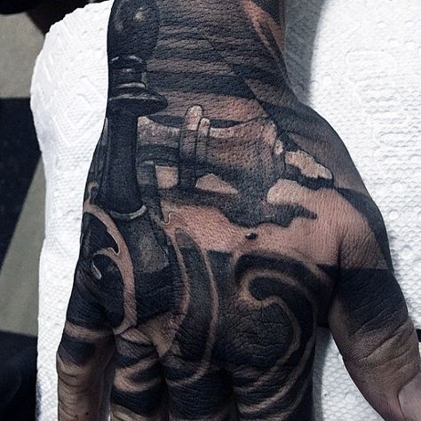 Guys King Chess Piece Realistic Hand Tattoos King Chess Piece Tattoo, Chess Piece Tattoo, Chess Tattoo, Cloud Tattoo Design, King Chess Piece, King Chess, Power And Authority, Piece Tattoo, King Tattoos