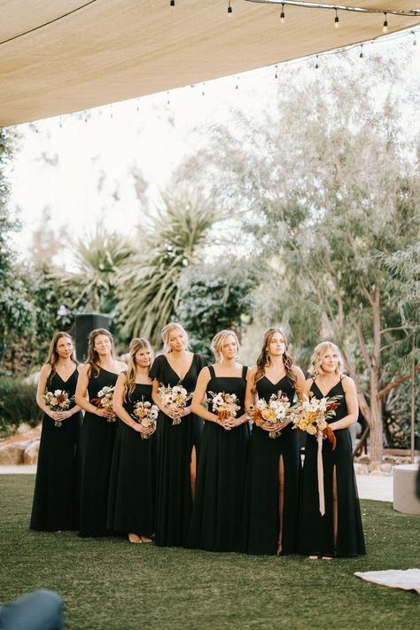 Bridesmaid Dresses Mismatched Black, Black Bridesmaid Dresses Mismatched, Black Bridesmaid Dress Mismatched, Modern Wedding Aesthetic, Bridesmaid Dresses Mismatched, Swan House Wedding, River Garden, Vista California, Black Bridesmaid