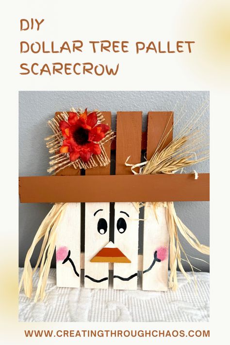 Dollar Tree Scarecrow Pallet - Creating Through Chaos Dollar Tree Scarecrow, Pallet Scarecrow, Pallet Craft, Wood Pallet Crafts, Crate Crafts, Small Pallet, Mini Crates, Christmas Bazaar, Fall Mason Jars