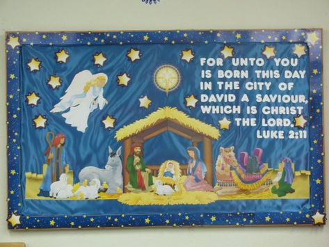 Christmas Bulletin Board #1 based on Luke 2:11 Christmas Bulletin Board Decorations, Christmas Board Decoration, Christmas Bulletin Board Ideas, Christmas Charts, Christmas Sunday School, Christmas Bulletin Boards, Classroom Christmas Decorations, Christmas Bulletin Board, School Board Decoration