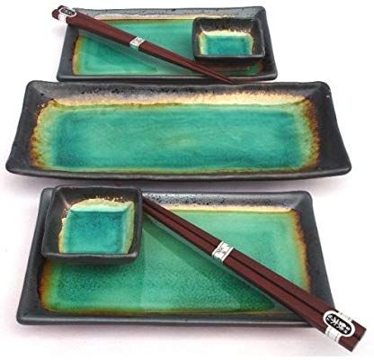 Amazon.com | Japanese Turquoise Green Kosui Seven Piece Sushi Plate Set for Two with Serving Plate: Accent Plates Ceramic Sushi Set, Sake Sushi, Sushi Plate Set, Sushi At Home, Sushi Dishes, Japanese Plates, Sushi Set, Sushi Plate, Japanese Sushi