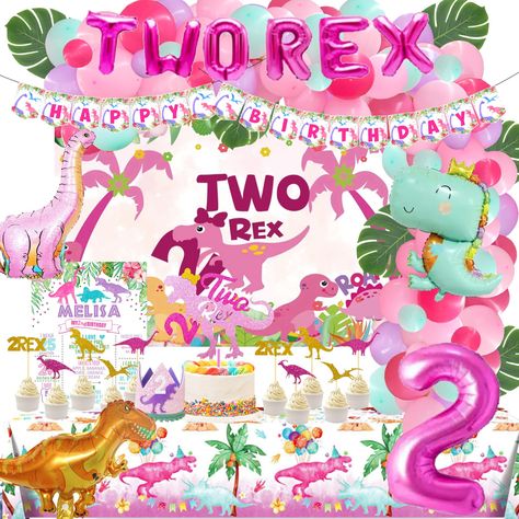 PRICES MAY VARY. 🦖 THE BEST SECOND DINOSAUR PARTY – Kids of all ages love dinosaurs. So, planning the perfect party with a dinosaur theme is a fantastic way to celebrate your daughter's second birthday! The elements of dinosaurs and pink features are dreamy and perfectly match your party. Welcome to the pink dinosaur world. 🍃 TWO REX BIRTHDAY PARTY DECORATIONS INCLUDES - 84 x 12’’ pink latex balloons | 20 x 5’’ latex balloons | 6 x artificial leaves | 10 x foil balloons | 1 x backdrop | 1 x ba 2nd Birthday Decorations For Girl, Dinosaur Theme Backdrop, Dinosaur 2nd Birthday Party, Two Rex Birthday, Dinosaur 2nd Birthday, Dinasour Birthday, Jurassic Park Birthday Party, Backdrop Balloon, 2nd Birthday Party For Girl