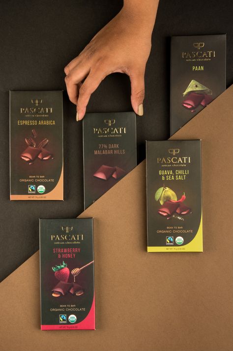 Pascati Artisan Chocolate- Styling on Behance Modern Packaging Design Food, Chocolate Moodboard, Packaging Design Food, Chocolate Package, Modern Packaging Design, Sweet Box Design, Chocolate Packaging Design, Modern Packaging, Organic Chocolate