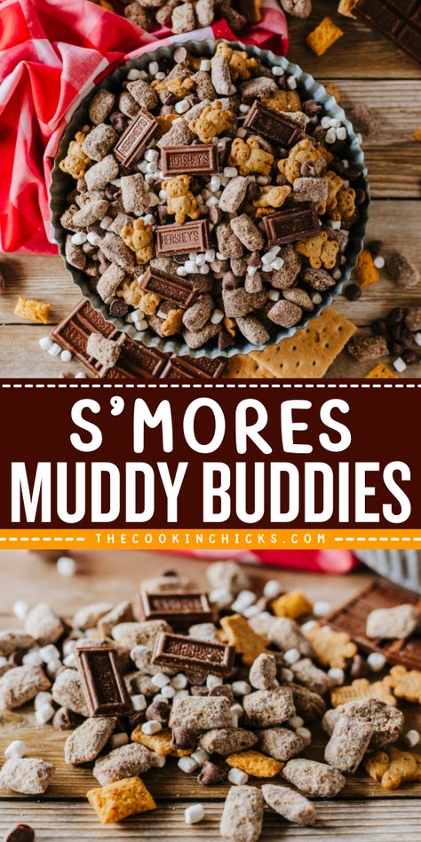 Put a twist on classic muddy buddies with this delicious recipe for S'mores Muddy Buddies! Enjoy the perfect combination of chocolate, marshmallows, and graham crackers in this easy-to-make snack. Smores Muddy Buddy Recipe, S’mores Chex Mix Recipe, Smores Muddy Buddies, Churro Muddy Buddies Recipe, S’more Snack Mix Recipe, S’mores Muddy Buddies, Smores Puppy Chow Recipe, Fall Food For Potluck, S’mores Snack