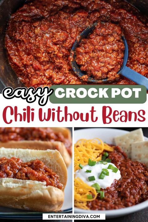 Easy Crock Pot No Bean Chili | Football Party Ideas Easy Homemade Chili Crockpot, No Bean Crockpot Chili, Crock Pot No Bean Chili, Crockpot Chili Without Beans, Easy No Bean Chili Recipe Crockpot, Crockpot Beanless Chili Recipe, Crock Pot Chili No Beans, Chili No Beans Recipe Crockpot, No Bean Chili Crockpot