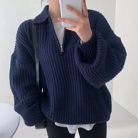 Lapel Thickened Knitted Pullover Women Fall Winter Korean Loose Soft Sweater Tops 5 Colors Blue Sweater Outfit, Berlin Style, Dark Blue Sweater, Pullover Mode, Pullover Outfit, Zippered Sweater, Estilo Chic, Long Sleeve Knit Sweaters, Collar Sweater