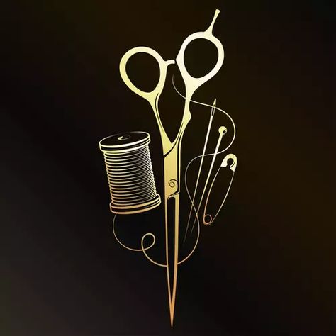 Needle scissors and thread gold symbol for se Sewing Boards Ideas, Fashion Business Logo Ideas, Sewing Vector Logo, Thread And Needle Logo, Sewing Graphic Design, Tailor Logo Design Ideas, Tailoring Wallpaper, Logo For Fashion Designer, Needle And Thread Logo