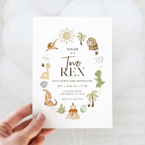 Dinosaur 2nd Birthday Invitation for your Two Rex! Stomp, chomp and roar like dinosaurs at the second birthday party. Super cute dinosaur themed birthday party invitation for 2 year old. Neutral/boho color scheme with cute little Dino's. Dinosaur 2nd Birthday, Dinasour Birthday, Boho Color Scheme, Second Birthday Boys, Dinosaur Party Invitations, 2nd Birthday Party For Boys, Second Birthday Party, 2nd Birthday Boys, Dinosaur Themed Birthday Party