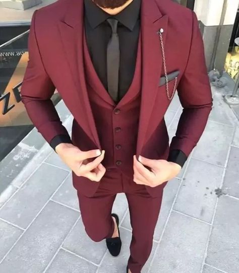 Three-Piece Custom Burgundy Suit for Men - Elegant Wedding & Engagement Attire | eBay Wedding Tux Burgundy, Husband Suits Wedding, Wine Color Tuxedo For Men, Dark Wedding Suits For Men, Red Suits For Men Wedding, Burgundy Suit For Groom, Black Mens Wedding Suits, Engagement Outfits For Bride And Groom, Dark Suits For Men Wedding