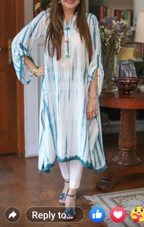 Shibori Kurta Designs, Tie Dye Suit Design, Tie Dye Kurti Designs Latest, Kaptan Kurti Design, Shibori Kurti Designs, Pakistani Casual Wear, Kaftan Designs, Simple Kurta Designs, Simple Kurti Designs