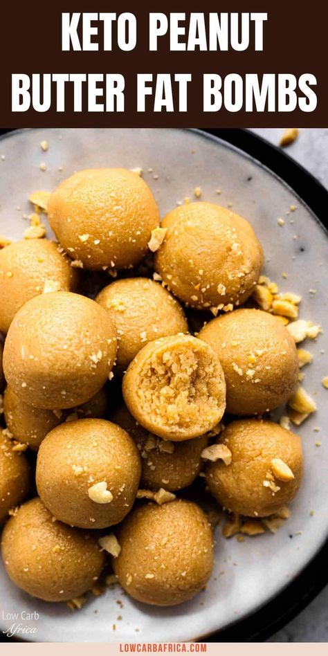 These keto peanut butter fat bombs are little balls of goodness that will help boost your fat intake in a healthy delicious way. Only a few ingredients are needed for these low-carb peanut butter treats. #lowcarbtreats #ketopeanutbutterfatbombs #ketotreats | LowCarbAfrica.com Fatbombs Keto Dairy Free, Peanut Butter Protein Balls Keto, Keto Peanut Butter Recipes Easy, Keto Pb Balls, Low Carb Peanut Butter Desserts, Fat Bomb Snacks Protein, Peanut Butter Fat Balls Keto, Keto Fat Balls, Keto Fat Bomb Snacks