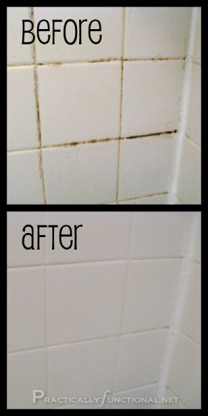 i got a free can of scrubbing bubbles-     works like oven cleaner but without the harsh chemical smell. Beauty for this     type of tiles. The vinegar is better than bleach, i think, for mixing with the     baking soda- for my lungs anyway. Bleach in my shower would nearly take me     out! Ahaha- i'm a pillar of strength, eh? B) Homemade Grout Cleaner, Clean Tile Grout, Bathroom Cleaning Hacks, Clean Tile, Tile Grout, Household Cleaning Tips, Grout Cleaner, Cleaning Recipes, Cleaners Homemade