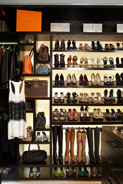 Closet Shelves, Contemporary, closet, LA Closet Design :: Fabulous closet features floor to ceiling espresso cabinets with shelves for shoes and cubbies housing shoes and designer handbags. Garderobe Design, Closet Redo, Contemporary Closet, Stile Blair Waldorf, Walk In Robe, Dream Closets, Hus Inspiration, Closet Shelves, Closet Goals