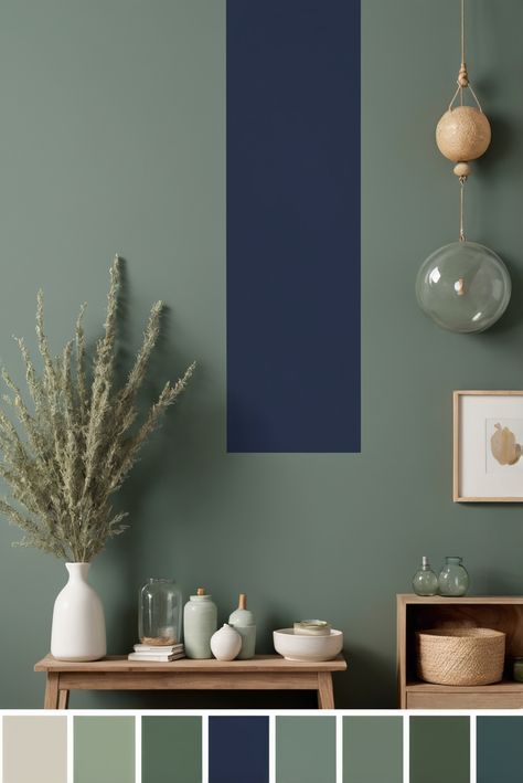 Blue Green Two Tone Wall, Blue And Green Home Color Scheme, Navy Green Bedroom, Blues And Greens Palette, Colors That Go With Navy Blue, Green And Blue Bedroom Ideas, Navy And Sage Living Room, Sage And Blue Color Palette, Colors With Navy Blue