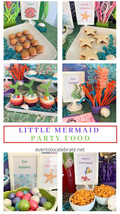 Mermaid Food Birthday Party, Mermaid Meal Ideas, Mermaid Birthday Party Snacks Food Ideas, Ariel Birthday Party Food Snacks, Mermaid Theme Snacks Food Ideas, Mermaid Party Lunch Ideas, Ariel Themed Food, Mermaid Finger Foods, Mermaid Party Veggie Tray