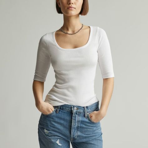 The 22 Most Flattering Versions Of Everything You Constantly Wear — The Candidly Cut Tees, All The Right Places, Scoop Neck Tee, Scoop Neck Top, Versatile Dresses, Elbow Length Sleeve, Knit Skirt, Look Chic, V Neck Tee