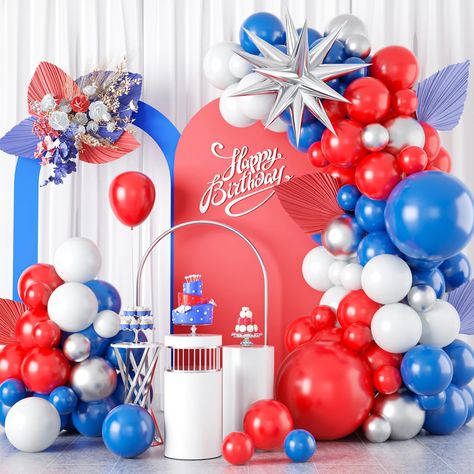 Blue Balloon Garland, Exploding Star, Balloon For Birthday, Balloon Arch Decorations, Captain America Birthday, Bluey Party, America Birthday, Balloons Decorations, Blue Balloon