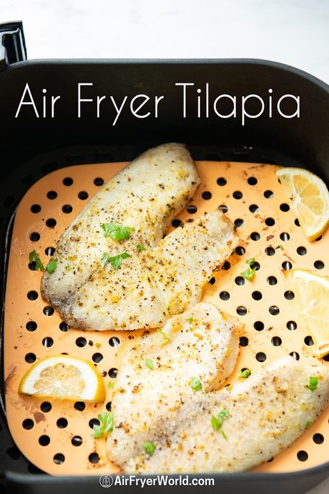 Tilapia in Air Fryer with Garlic, Lemon 15 min | Air Fryer World Simple White Fish Recipes, Air Fry White Fish, White Fish In Air Fryer, White Fish Air Fryer, Whiting Fish Recipes Air Fryer, Air Fryer White Fish Recipes, White Fish Air Fryer Recipe, Tilapia In Air Fryer, Air Fryer White Fish