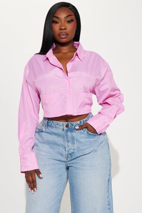 Available In White/Blue And Pink/combo. Shirt Long Sleeve Button Down Collar 2 Front Pockets Striped Cropped Non Stretch 100% Polyester Imported | For The Day Striped Shirt in Pink size XL by Fashion Nova Shirt Crop Top Outfits, Cropped Collared Shirt Outfit, Oversized White Shirt, Beautiful Tops, Crop Top Outfits, Pinterest Fashion, Women Shirts Blouse, Fashion Fits, Shirt Long Sleeve