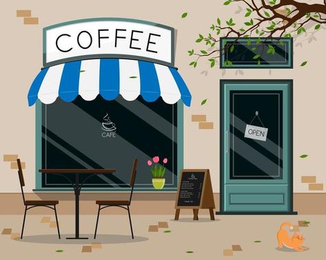 Coffee shop store front Exterior Design For Shop, Street Cafe Outdoor, Cafe Shop Exterior, Shop Exterior, Shop Small Quotes, Street Cafe, Shop Window Stickers, Outdoor Terrace, Modern Cafe