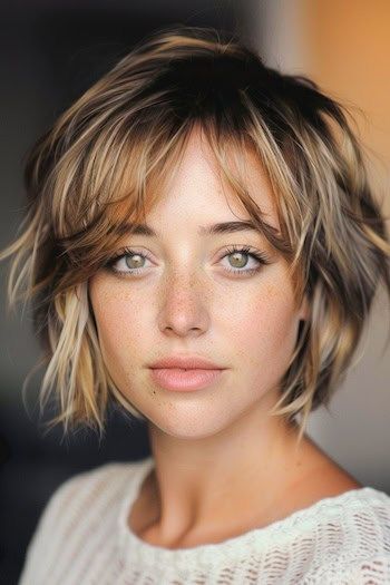 Choppy Bronde Layers with Curtain Bangs Short Hairstyle. Short Choppy Hairstyle Women Fine Hair, Short Bob With Layers And Curtain Bangs, Choppy Bob With Curtain Bangs, Short Highlighted Hair, Highlights Blended, Layered Bob With Curtain Bangs, Tousled Layers, Short Choppy Haircuts, Choppy Haircuts