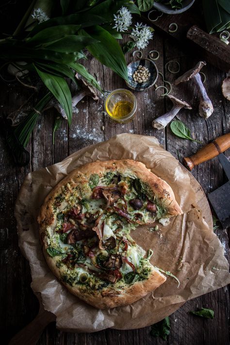 mushroom pancetta and wild garlic pizza with cream cheese | twig studios. Pizza With Cream Cheese, Rustic Pizza, Garlic Pizza, Wild Garlic, Food Photography Inspiration, Baking Blog, A Pizza, Homemade Pizza, Cheese Pizza