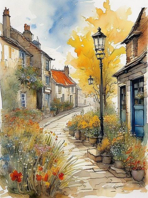 Watercolor Scenery, Watercolor Art Landscape, Watercolor Paintings Nature, Watercolor Architecture, Arte Van Gogh, Watercolor Paintings Easy, Cottage Art, Landscape Art Painting, Watercolor Flower Art