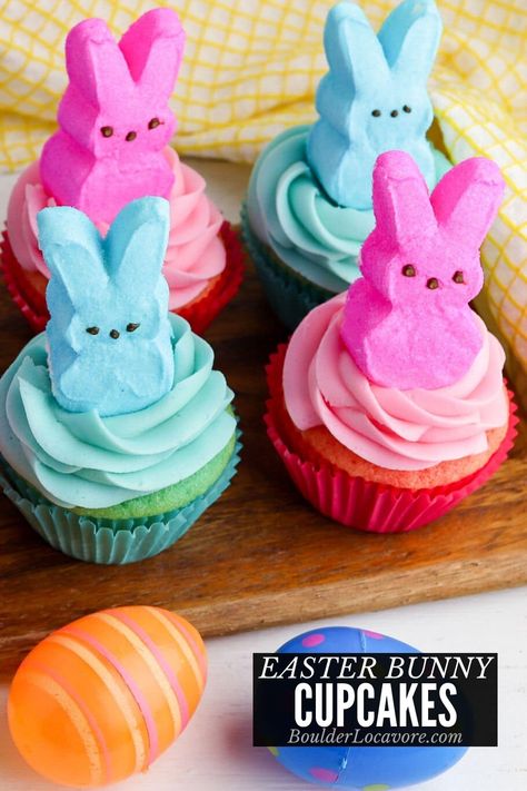 Easter Bunny Cupcakes Easter Rice Krispies, Cake Bunny, Easter Rice Krispie Treats, Easter Bunny Cupcakes, Easy Easter Desserts, Marshmallow Bunny, Blue Icing, Cupcake Photos, Bunny Cupcakes