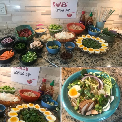 Ramen Noodle Buffet, Asian Noodle Bar Party, Ramen Noodle Station, Instant Ramen Bar Party, Ramen Dinner Party, Top Ramen Birthday Party, Cosplay Party Ideas, Ramen Noodle Bar Wedding, Anime Birthday Food Ideas