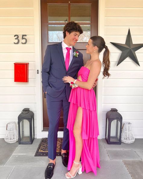 Hot Pink Prom Look, Pink Prom With Date, Pink Prom Dress And Date, Pink Prom Pictures, Prom Date Pics, Prom With Date, Hot Pink Prom Couple, Pink Prom Dress Couple, Pink Hoco Couple